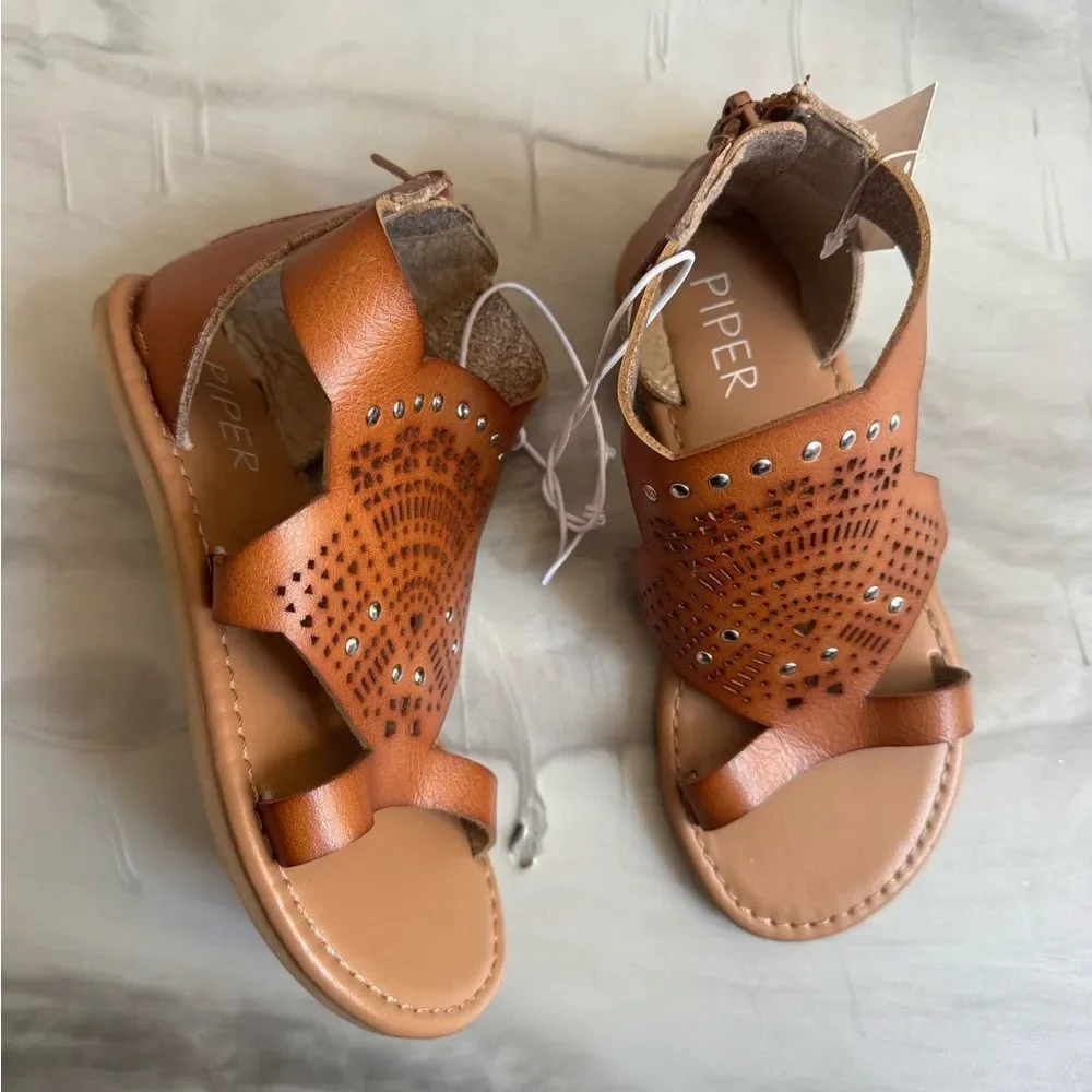 NWT New PIPER Silver Studded Cutout Tan Brown Gladiator Sandals Toddlers 12